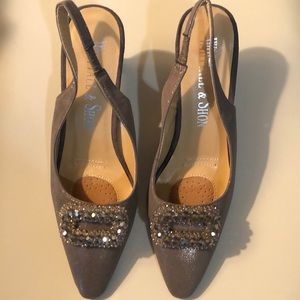 Whittall & Shon stone metallic sling back with beaded buckle elastic inset strap